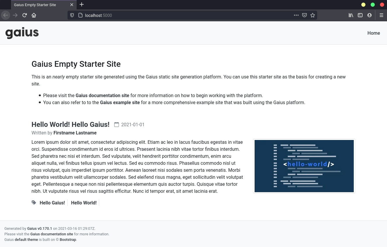 Gaius starter site running locally