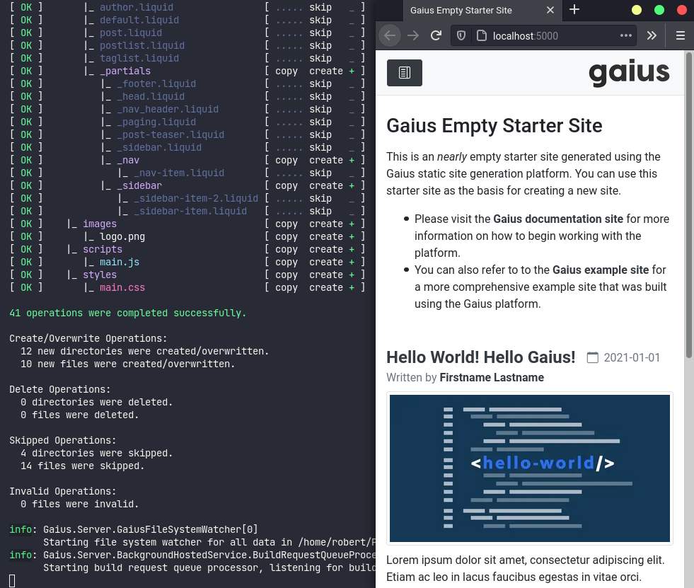 Gaius engine running local HTTP server to test site